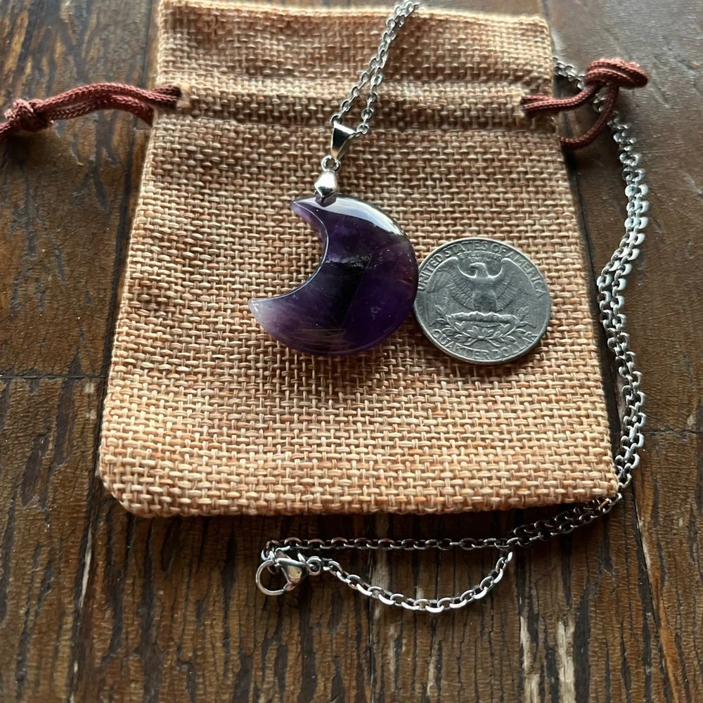 Amethyst Necklace Amethyst Pendant Stainlees Steel Chain Celestial Necklace - Picture 2 of 4